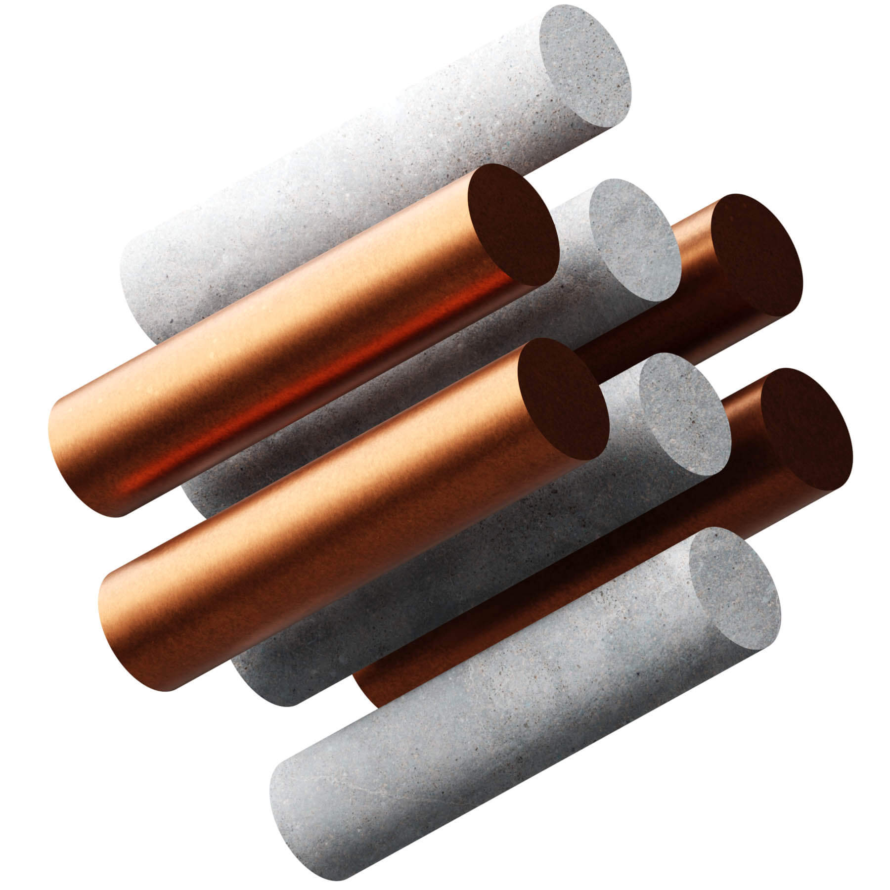 A set of four colorful metal rods, each uniquely colored, positioned side by side for a striking visual effect on the white background