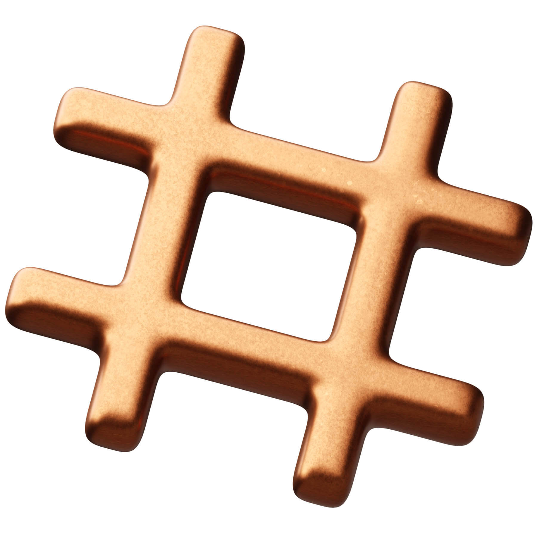 A copper hash symbol isolated on a white background, showcasing its distinctive hue and minimalist aesthetic on the white background