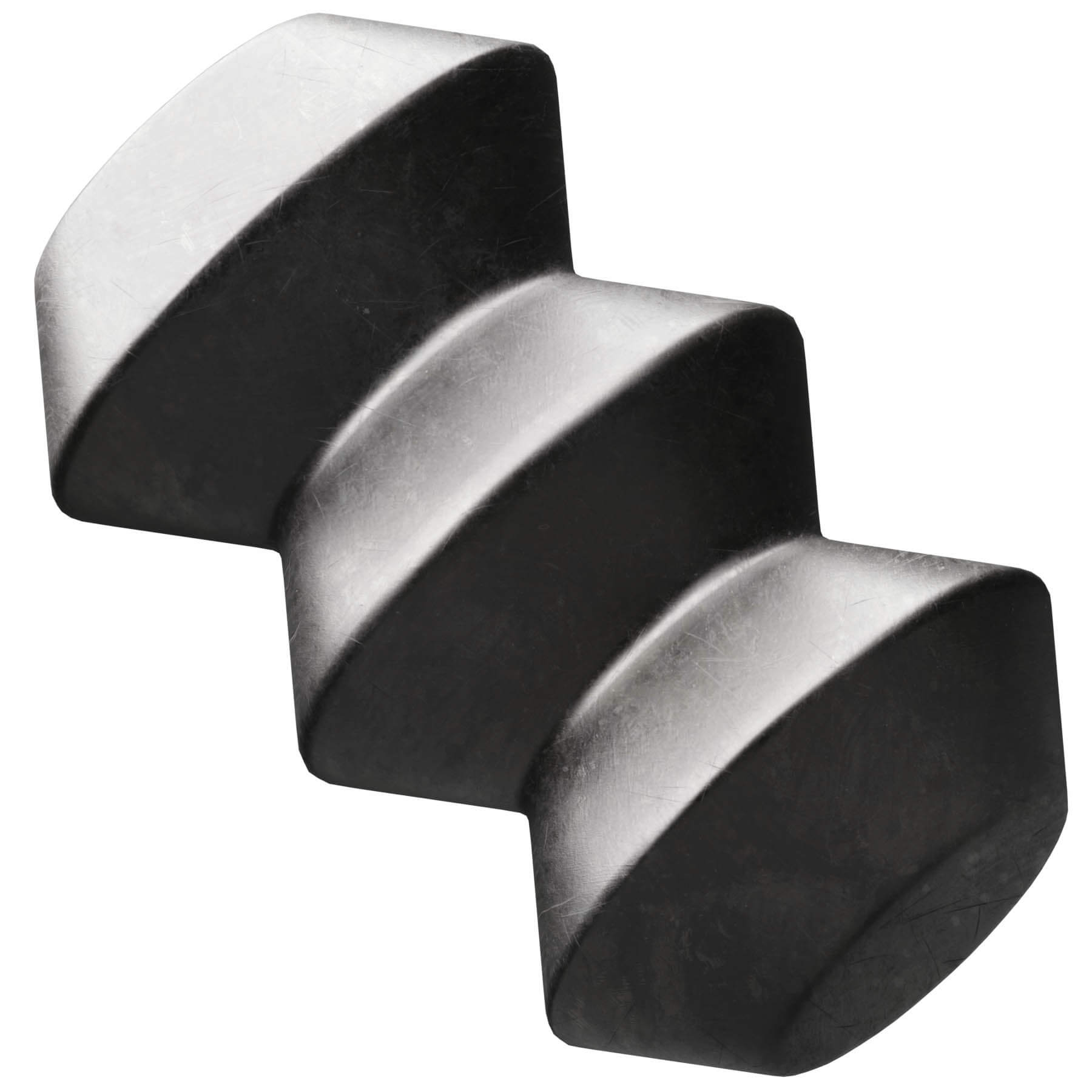 A black metal item showcasing four unique shapes, each contributing to an intriguing and artistic design on the white background