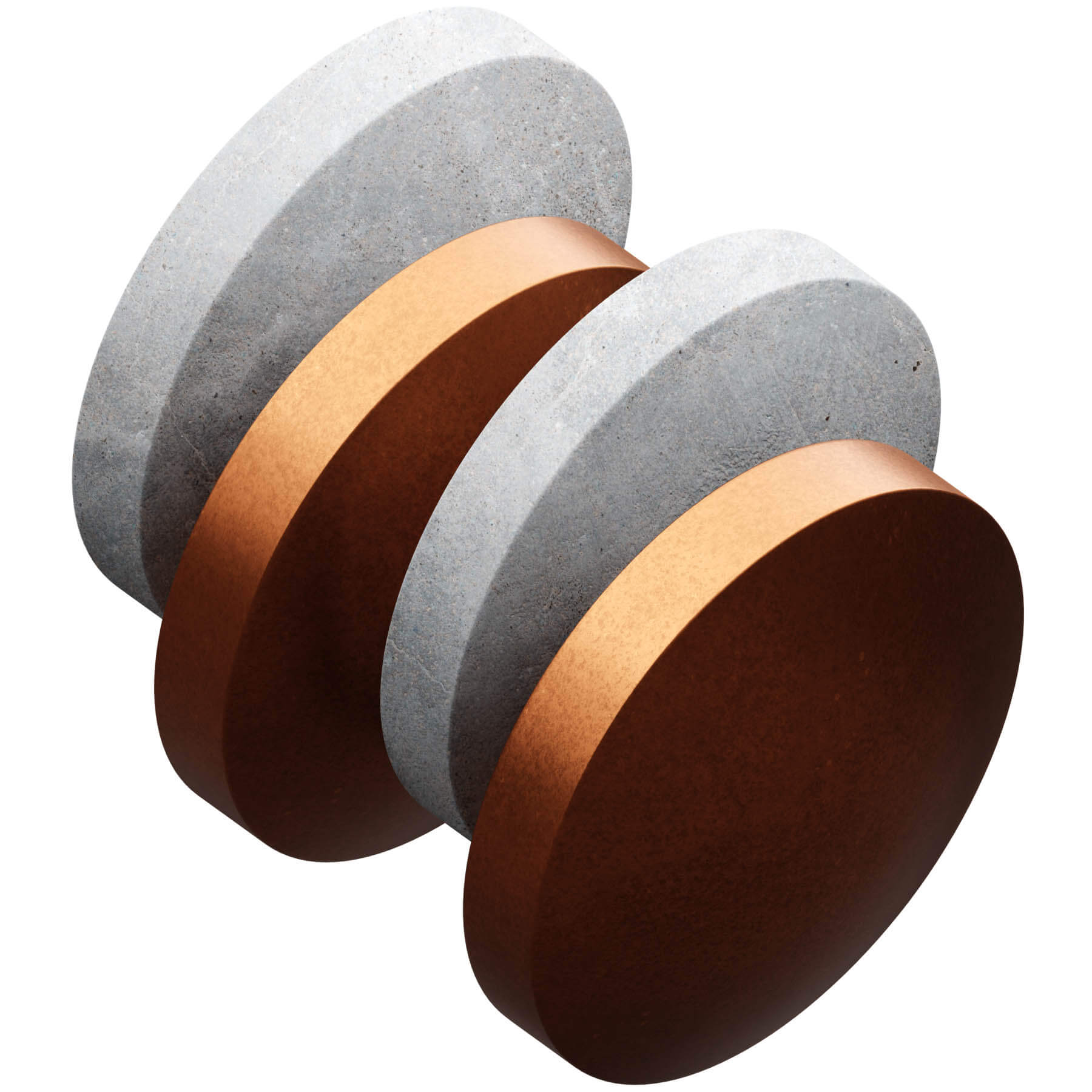A trio of copper and gray metal discs displayed against a clean white background, highlighting their unique design and dark themes
